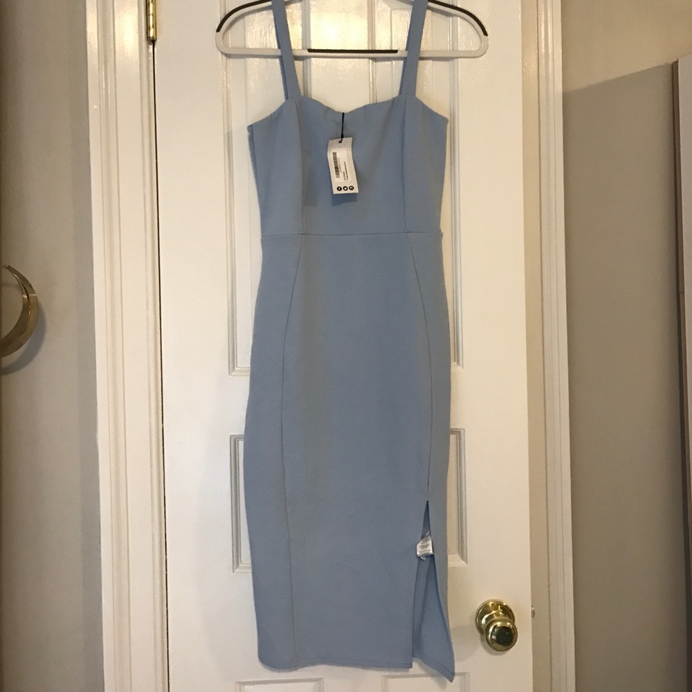 Light blue midi dress.