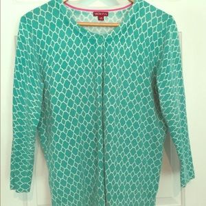 Teal and white cardigan with quatrefoil motif