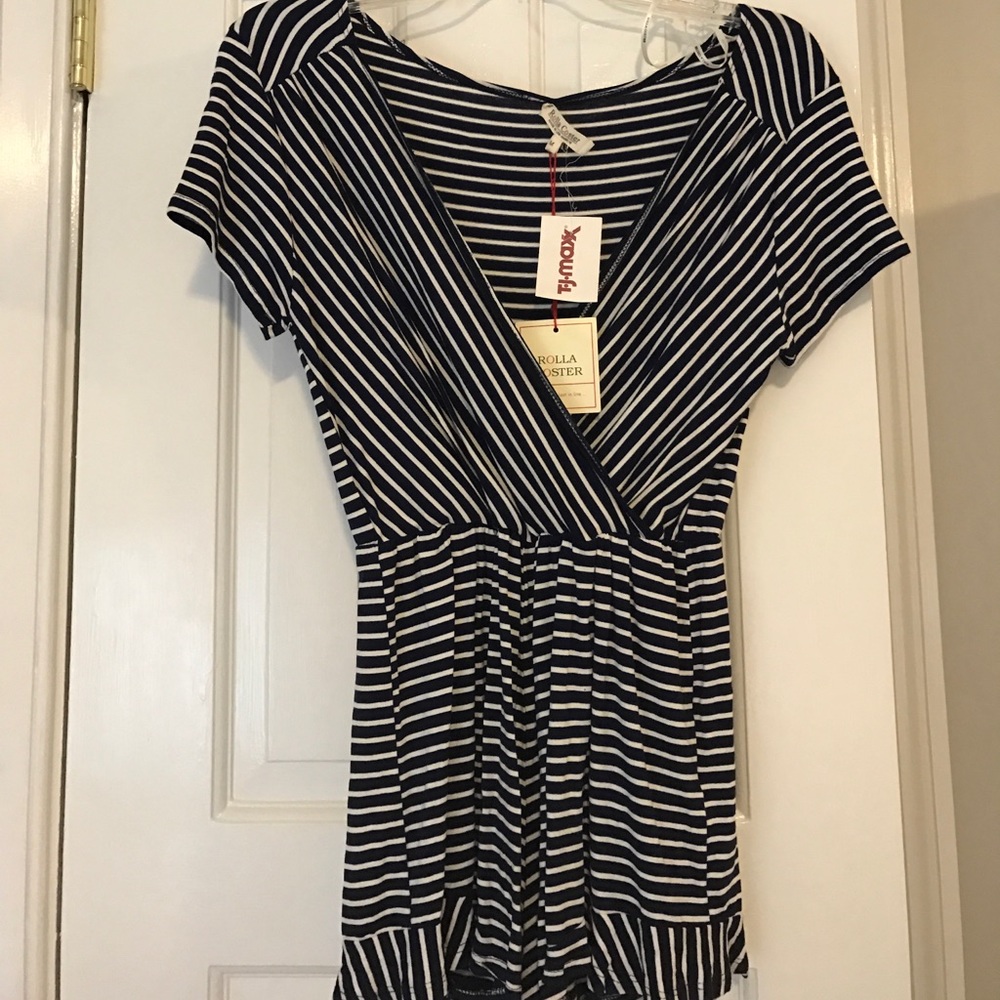 Navy blue and white striped romper