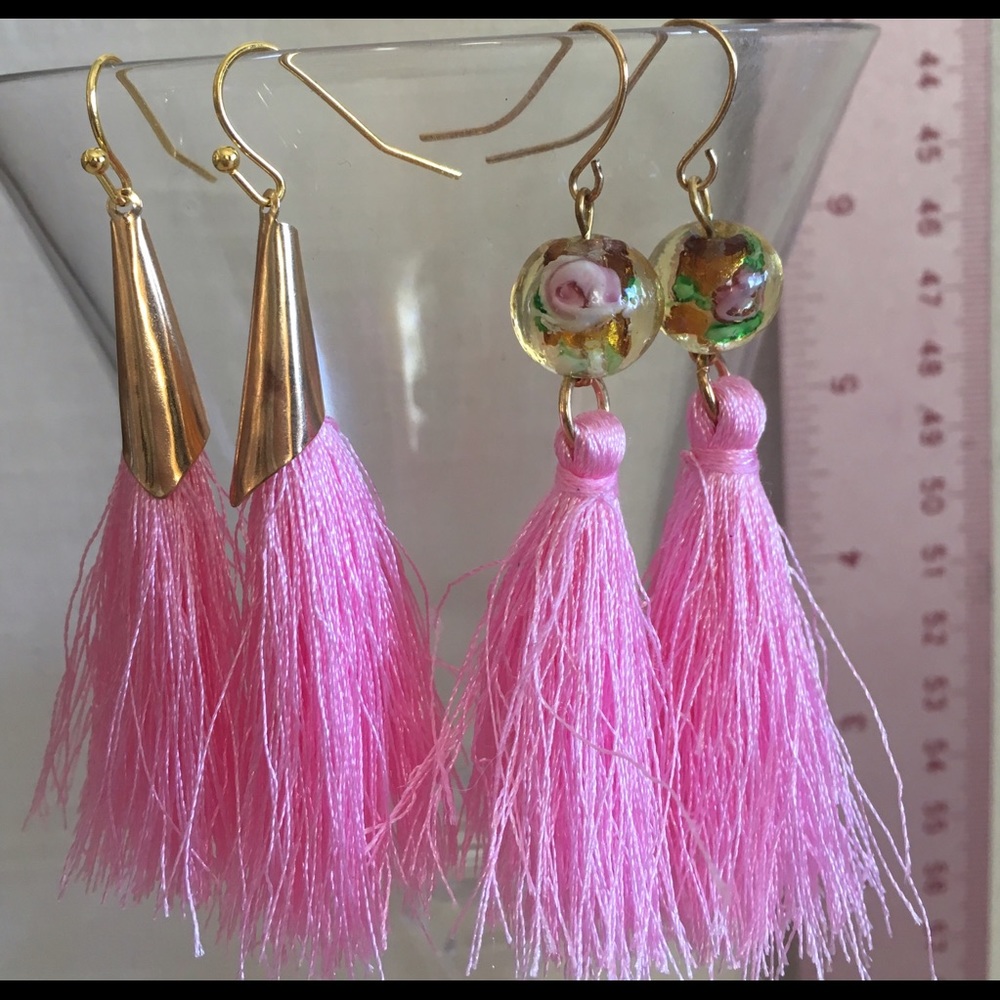 Choose HAPPY Pink earrings gold tassels roses CUTE