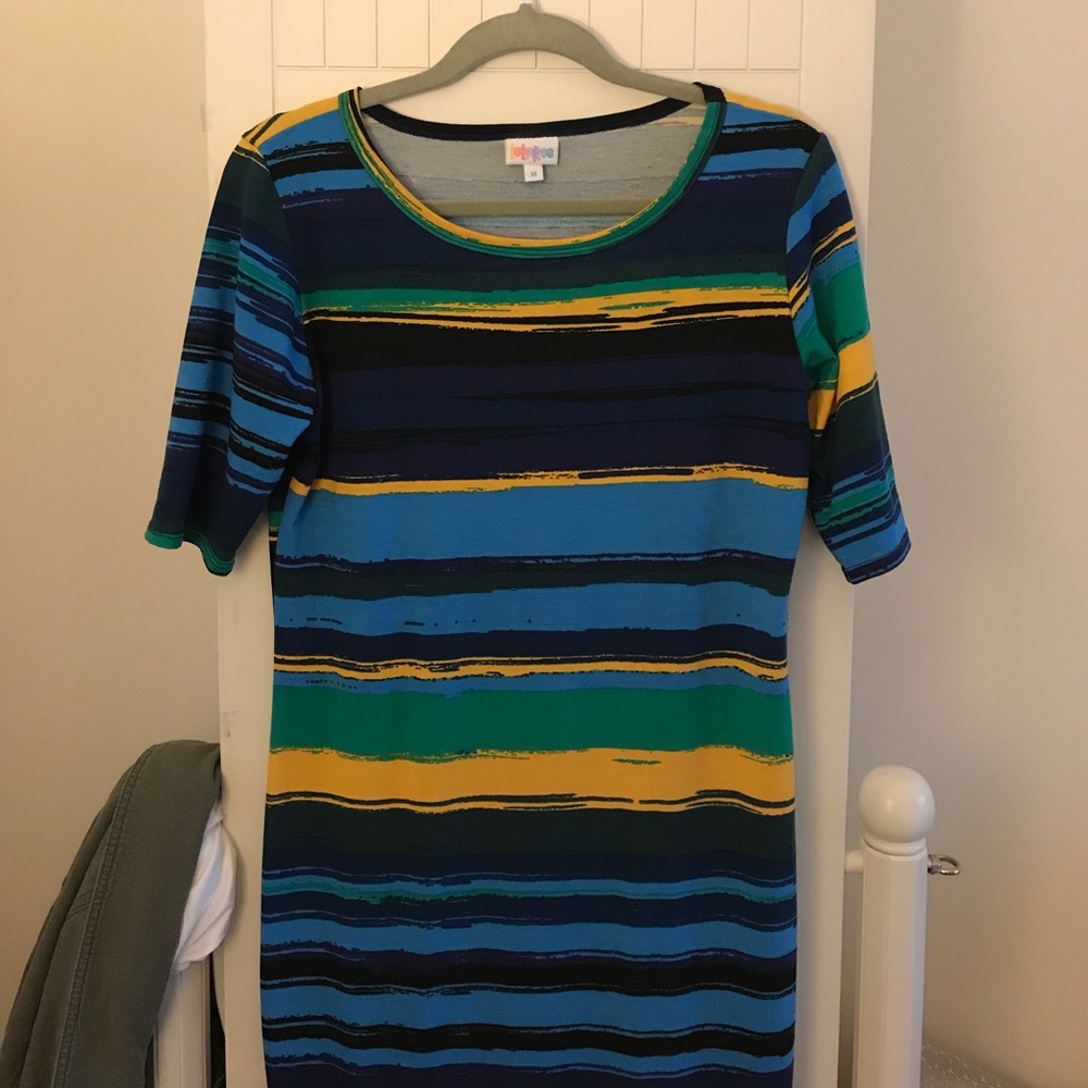 Lularoe blue green yellow striped Julia dress
