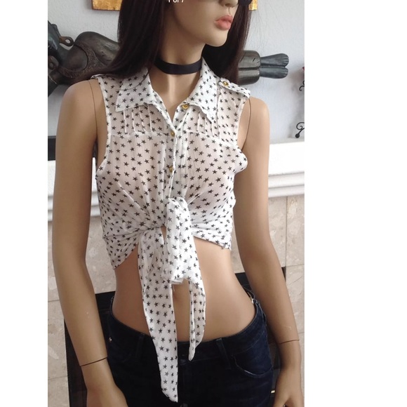 Voyelles Tops - VOYELLES WOMEN'S CROP TIE TOP BUTTON DOWN S/M (T9)