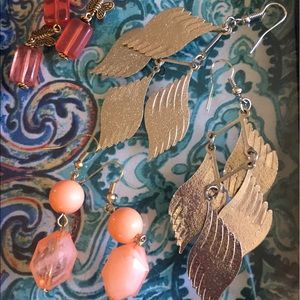 3 pairs of earrings peach orange and silver leaf