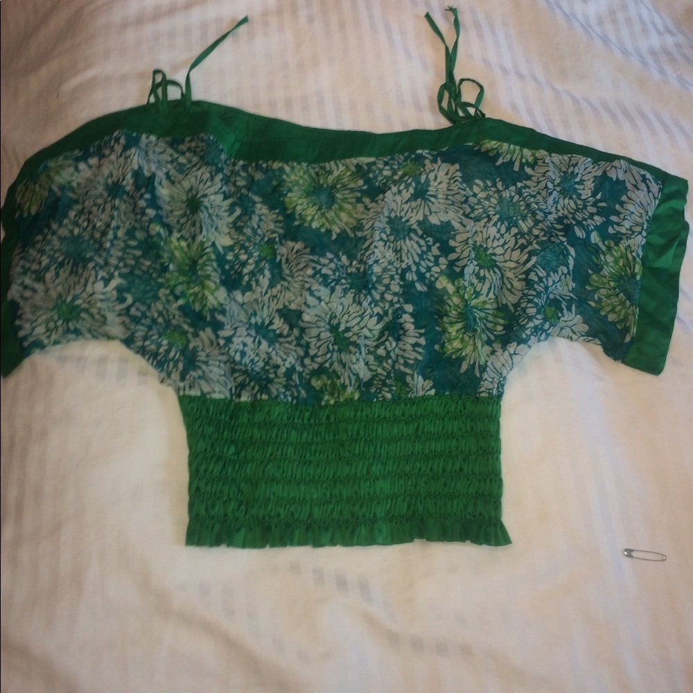 Green and turquoise polyester silk flower top