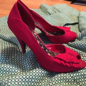 Red Satin Peep-Toe Kitten Heels