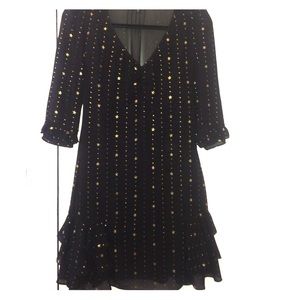 Black and gold silk-polyester ruffle dress