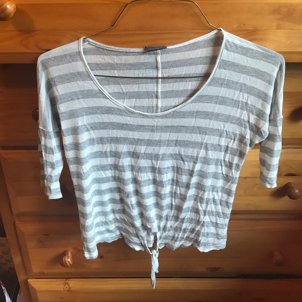 Grey & white striped shirt with tie in front