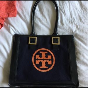 Navy Blue and Orange Logo Tory Burch Tote