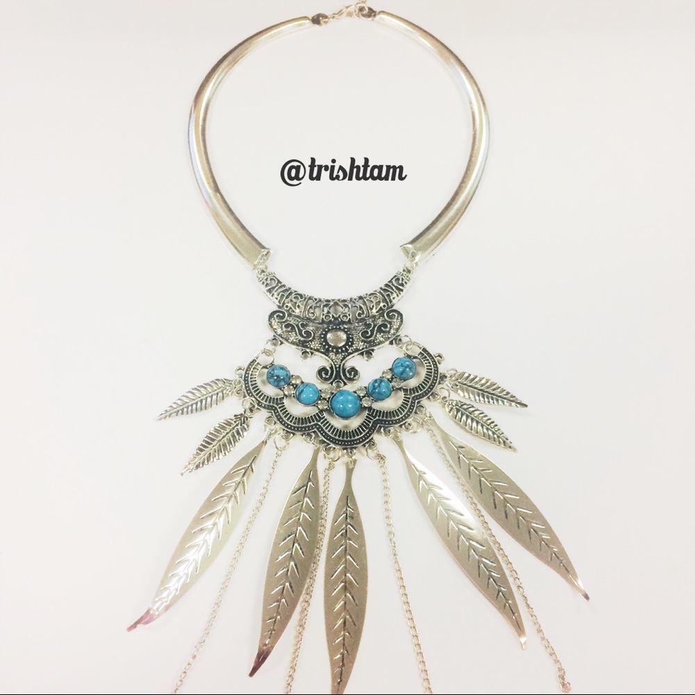 🔴🆕Silver turquoise bohemian gypsy leaf necklace