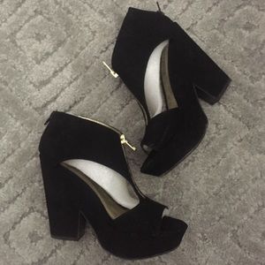 Black Platform Wedge Heels with Gold Zipper Detail