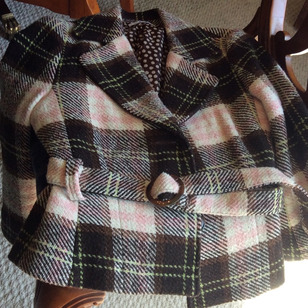 CAbi brown and pink plaid belted blazer.