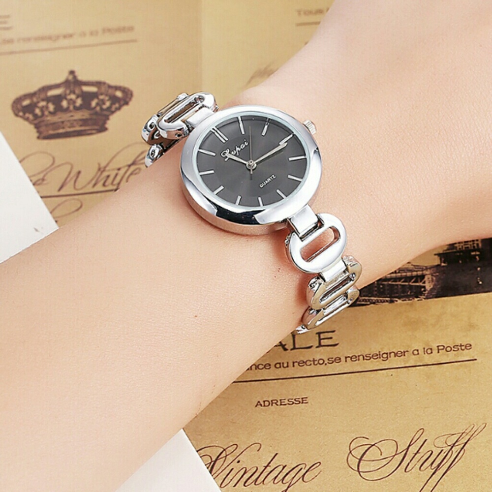 Lupai Silver-Tone Black Dial Luxury Watch For Wome