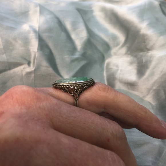 1930s Vintage Hand Carved Pierced Jade Ring - Size 7  Vintage silver Carved jade ring