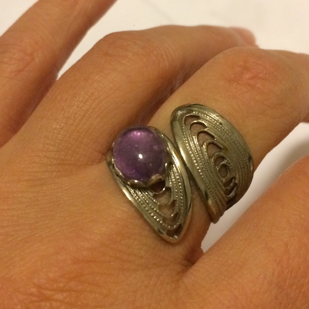 Unique silver Amethyst inspired wrap around ring
