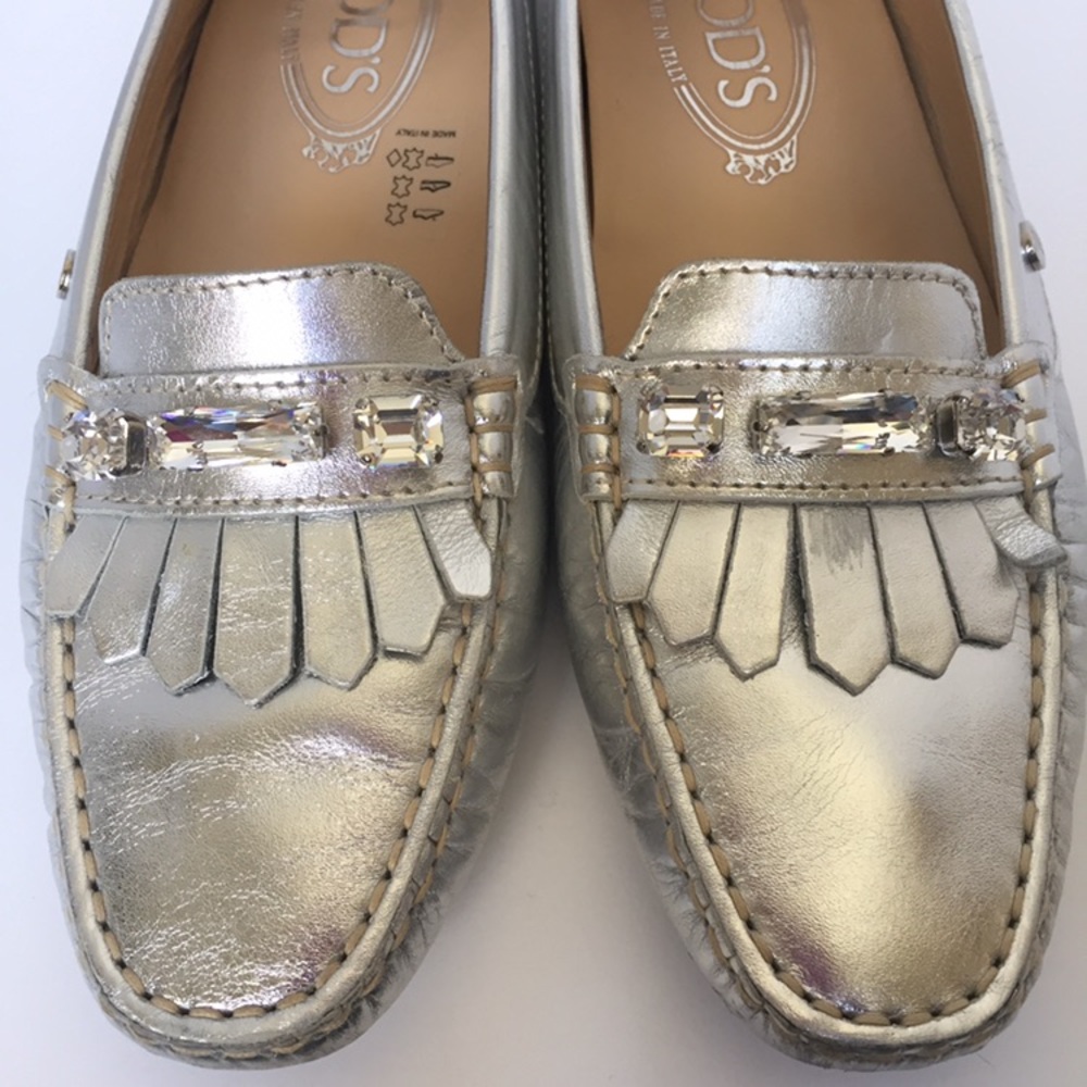 Tod's Loafers Metallic Silver Crystal Embellished