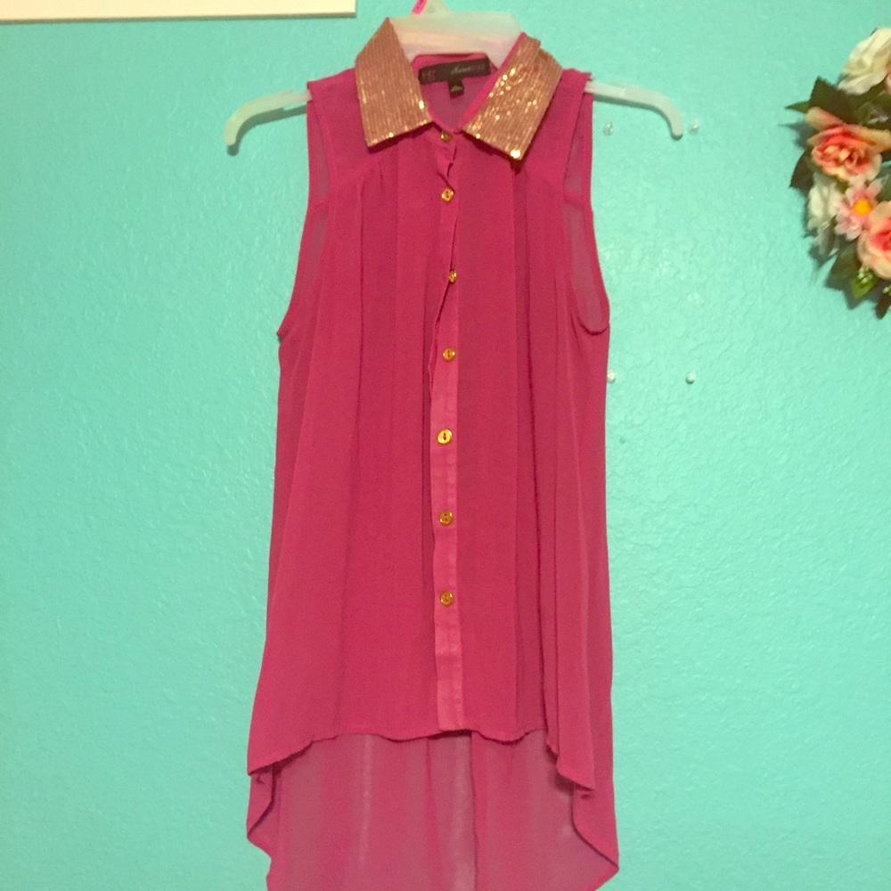 Hot pink, gold collar blouse!