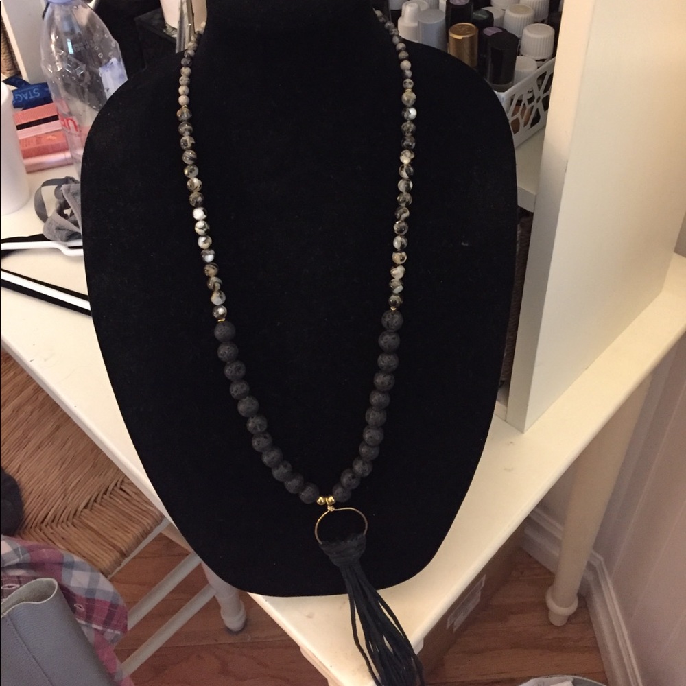 Black leather tassel beaded necklace