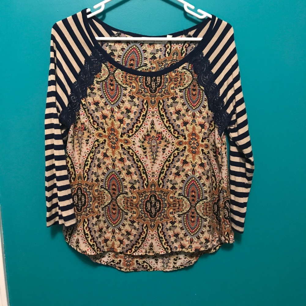 Navy,tan and burnt-orange damask and striped shirt