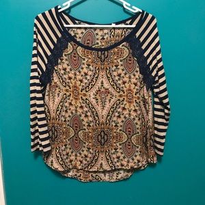 Navy,tan and burnt-orange damask and striped shirt