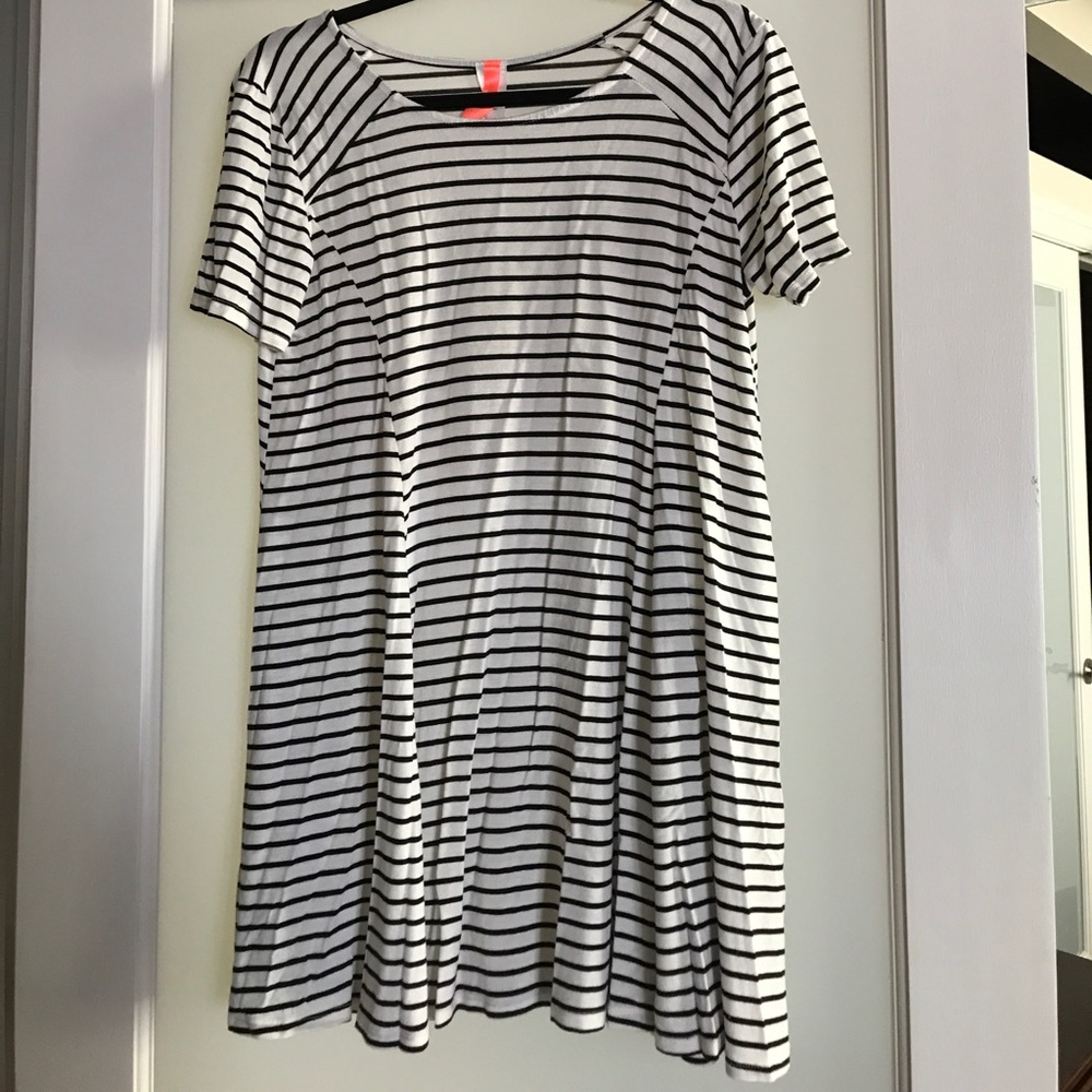 Black and white striped shift dress