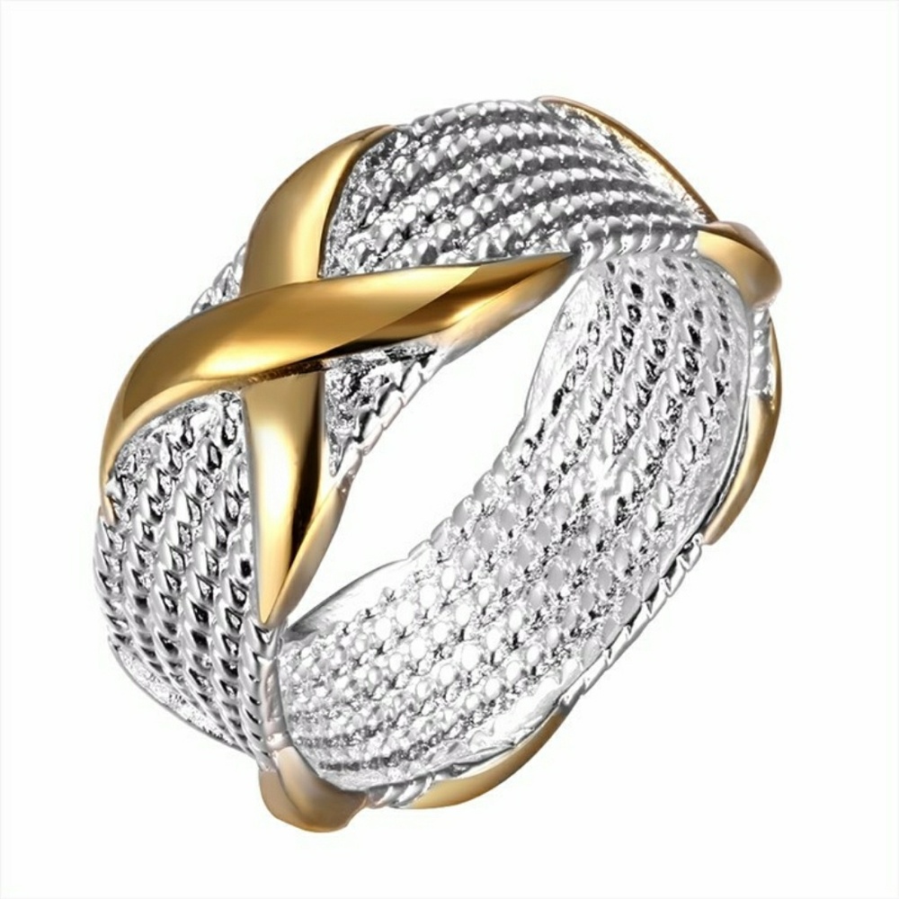 925 Sterling Silver Mesh Gold Criss Cross X Ring - Picture 1 of 7