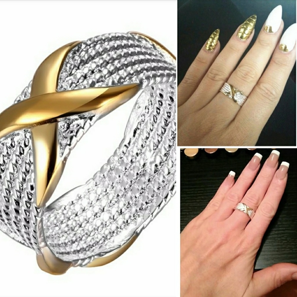 925 Sterling Silver Mesh Gold Criss Cross X Ring - Picture 2 of 7