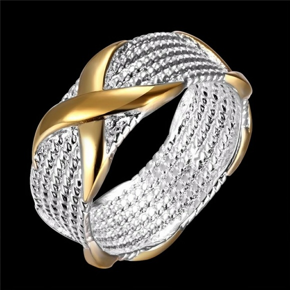 925 Sterling Silver Mesh Gold Criss Cross X Ring - Picture 3 of 7