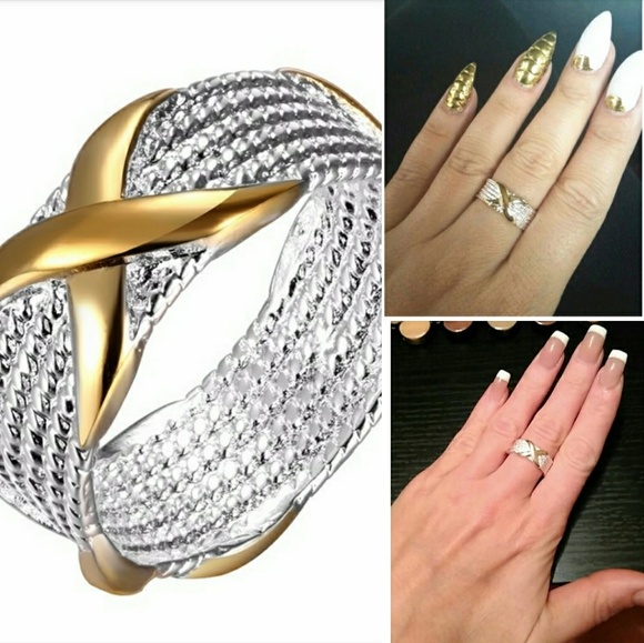 925 Sterling Silver Mesh Gold Criss Cross X Ring - Picture 2 of 7