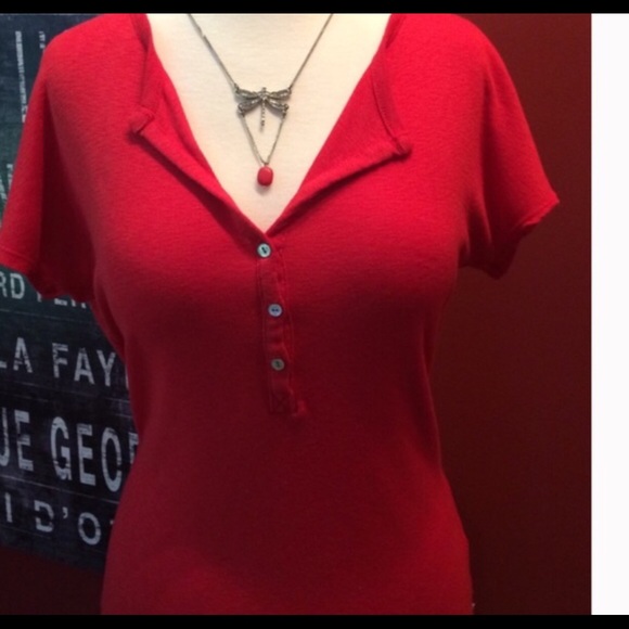 Michael Stars Red Henley Tee - Picture 2 of 3