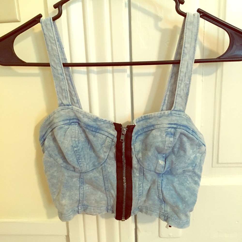 Acid wash denim zipper bustier crop top