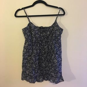 Express Navy Floral Print Ruffle Tank
