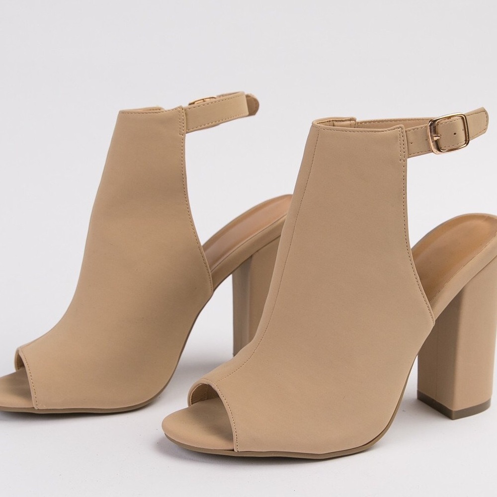 Nude Nubuck Peep Toe Chunky Mule Booties - Picture 2 of 6