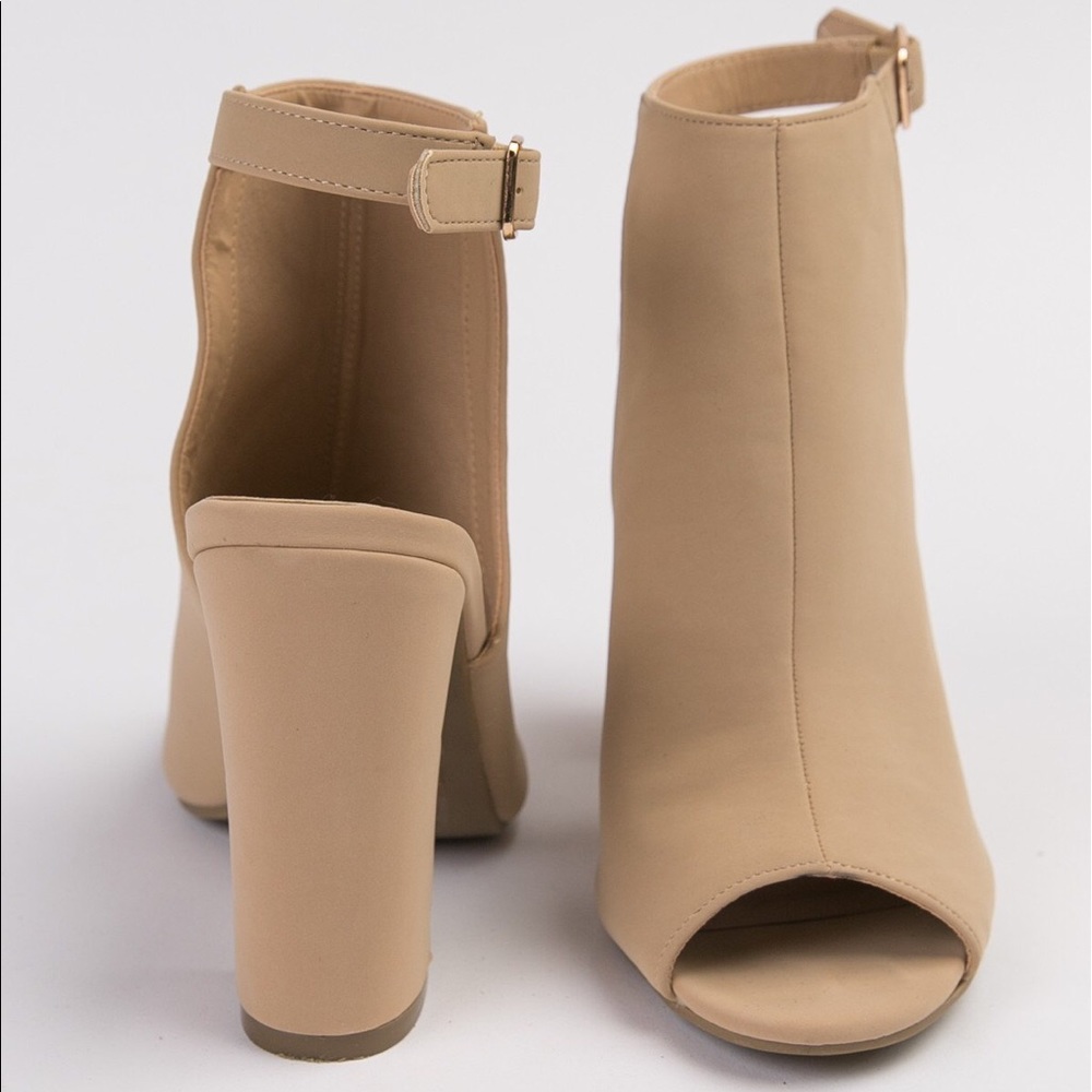 Nude Nubuck Peep Toe Chunky Mule Booties - Picture 3 of 6