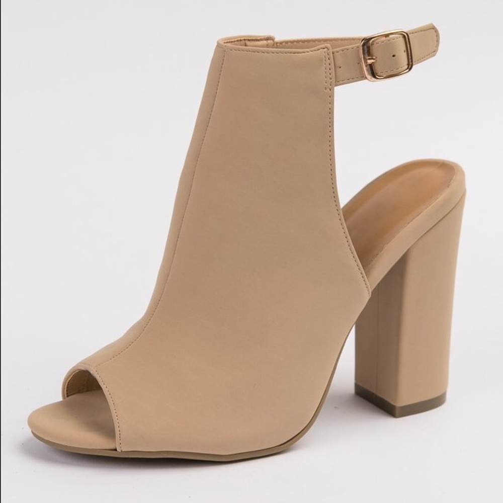 Nude Nubuck Peep Toe Chunky Mule Booties - Picture 4 of 6