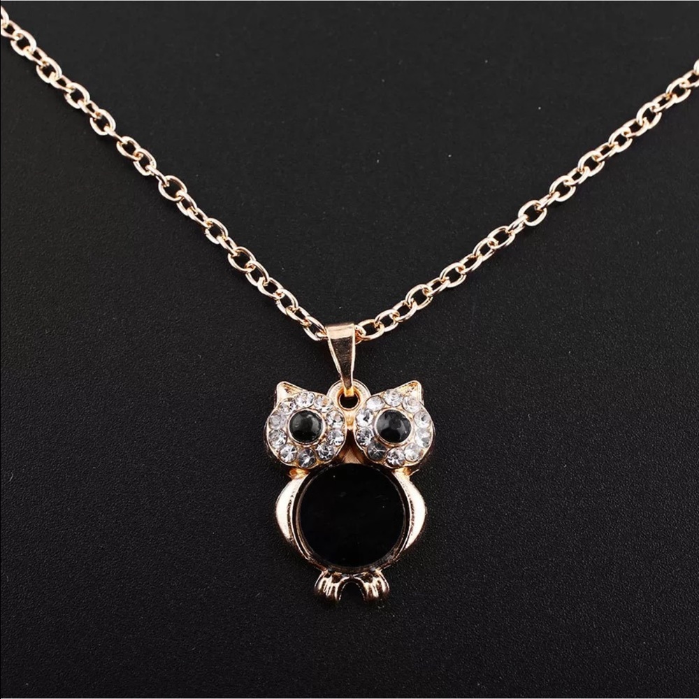 Cute Little Owl Pendant Necklace Gold and Black