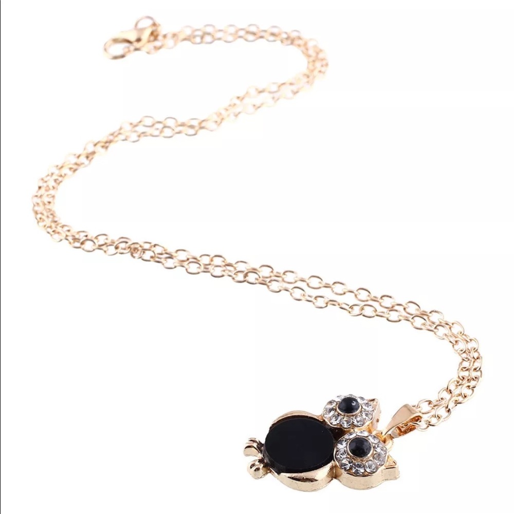 Cute Little Owl Pendant Necklace Gold and Black - Picture 2 of 4