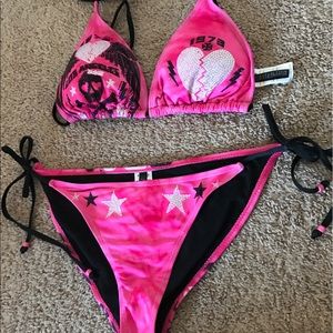 Affliction black premium swimsuit top L bottoms M