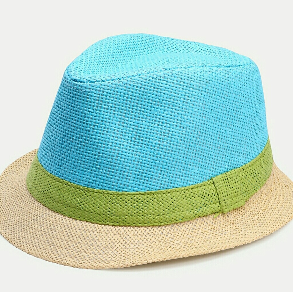 Blue and GreenColorblock Vacation Straw Fedora Hat