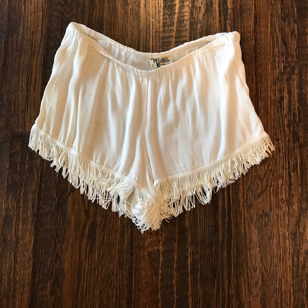 White Show Me Your MuMu Fringe Shorts