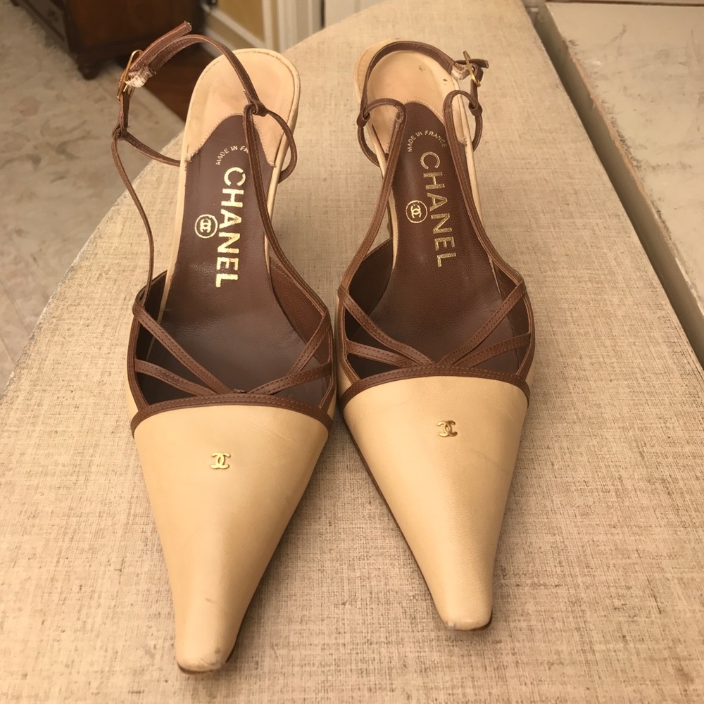 Chanel cream slingback heels