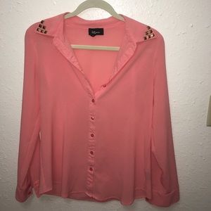 Coral button up blouse with studded collar!