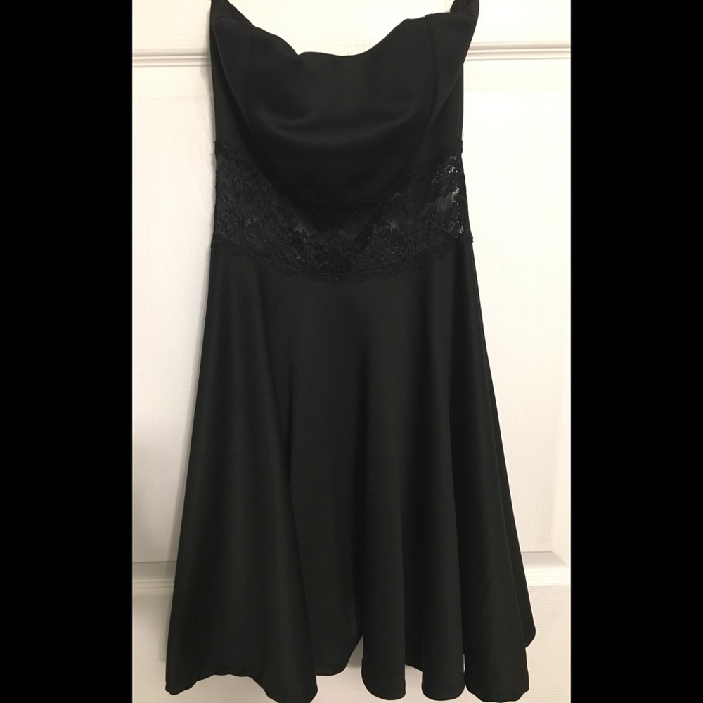 Black strapless lace flare dress