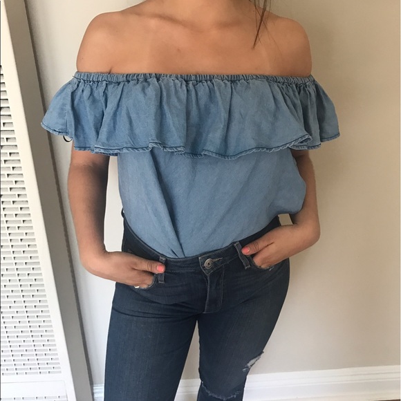 Cute, Jean colored, off the shoulders top! - Picture 2 of 5