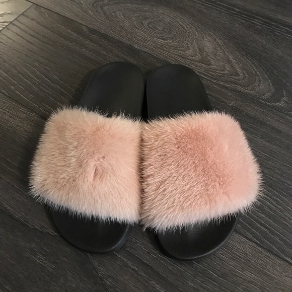 cream fur slides
