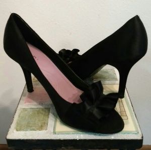 TAHARI Satin & Leather SLOAN Open Toe Ruffle Pumps