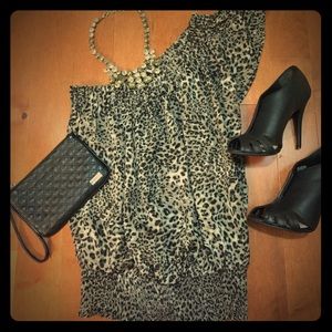 One shoulder, leopard print blouse