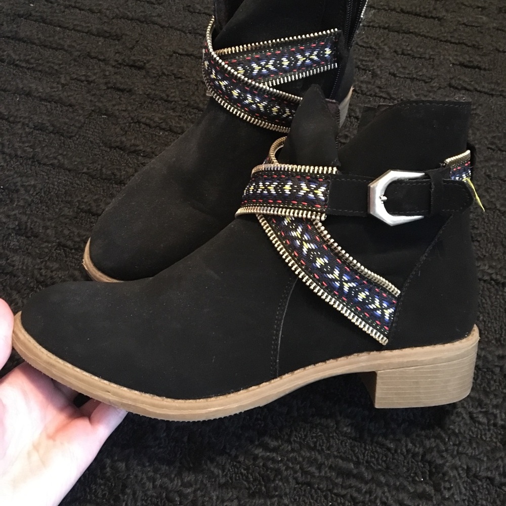 Black Ankle Boots w/ Aztec Detail