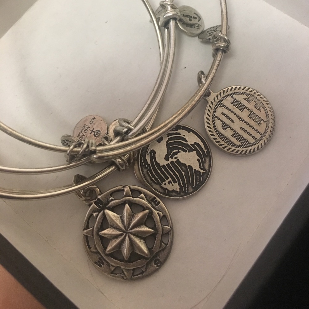 3 silver Alex and Ani bracelets