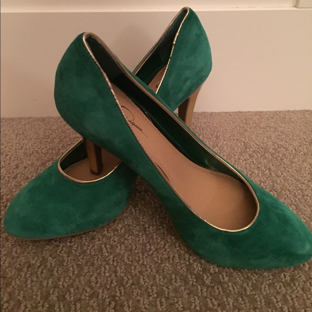 Green Jessica Simpson 3" Heels with Gold Accents