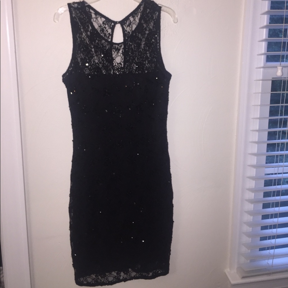 Black lace and beaded cocktail dress